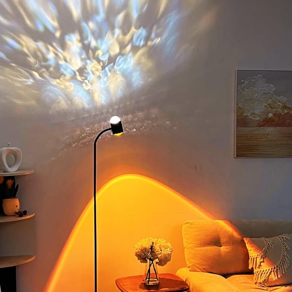 Double Headed Water Ripple Floor Lamp,360 Adjustable Sunset Lamp ProjectorLed Floor Lamp with Replaceable Color Filterswith USB Port Atmosphere Lamp Black Creative DIY Mode