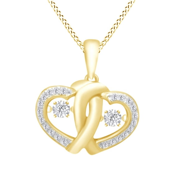 AFFY Double Heart 10k Yellow Gold Pendant Necklace With 0.2 CT Round Cut White Natural Diamond