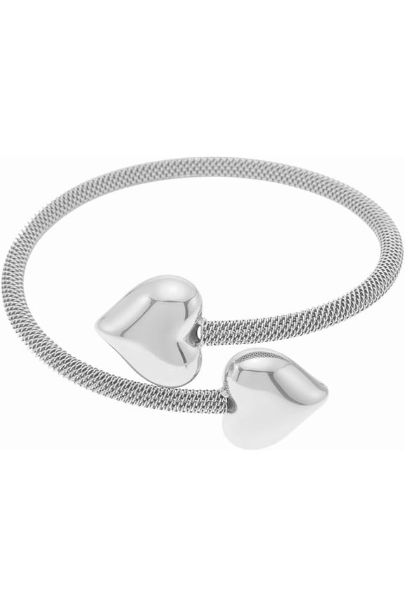 Double Heart Bangle Bracelet for Women Stainless Steel Thick Love Hearts Chunky Wrap Cuff Bangles Minimalist Open Mesh Bracelets Fashion Hand Jewelry