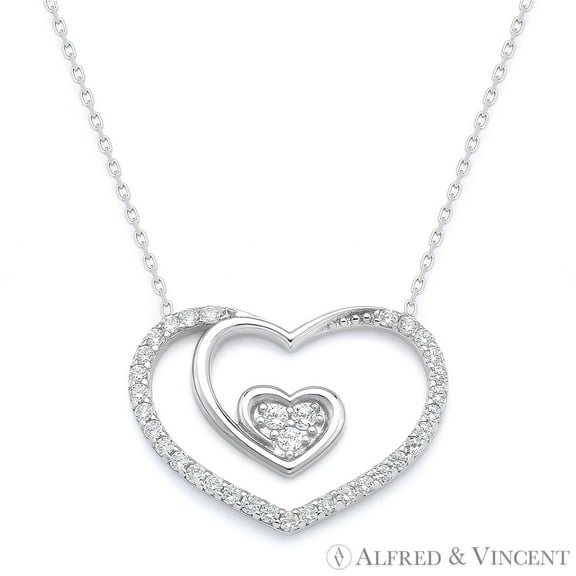 Double-Heart CZ Charm Pendant & Chain Necklace in .925 Sterling Silver