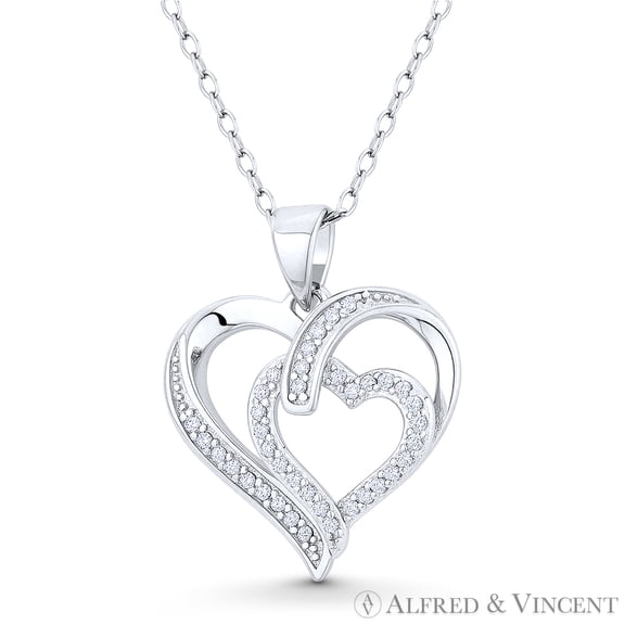 Double-Heart CZ Crystal Accent Pendant & Chain Necklace in .925 Sterling Silver w/ Rhodium