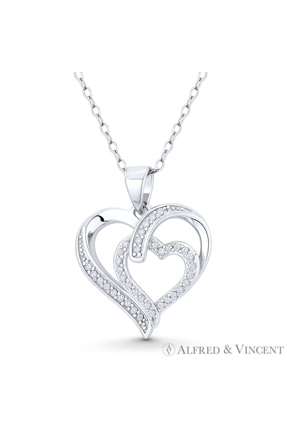 Double-Heart CZ Crystal Accent Pendant in .925 Sterling Silver w/ Rhodium
