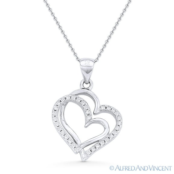 Double-Heart CZ Crystal Pave Pendant & Chain Necklace in .925 Sterling Silver w/ Rhodium