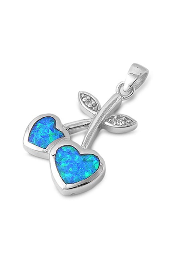 Double Heart Cherry Stem Pendant Blue Simulated Opal .925 Sterling Silver Charm Jewelry Female