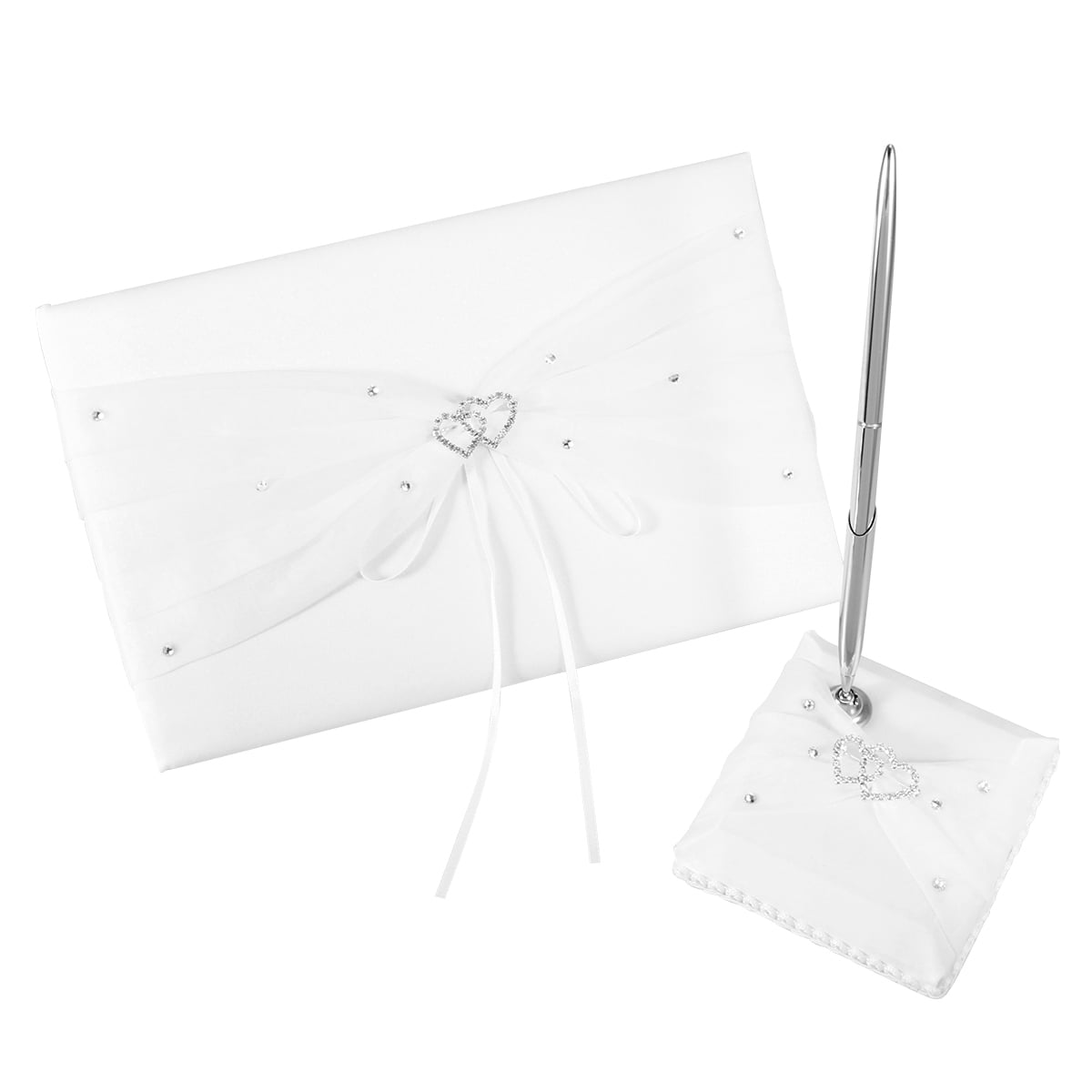 White Satin Wedding Guestbook with Silver Pen and Stand