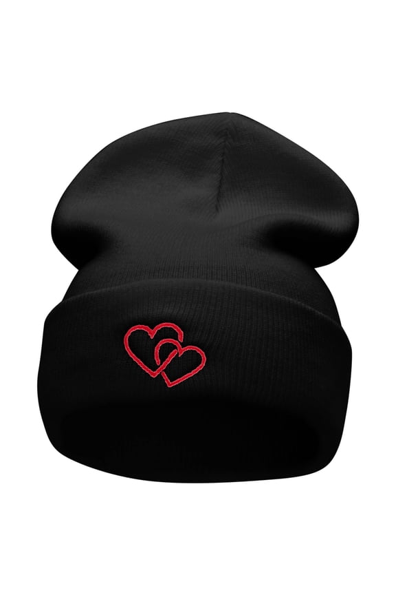 Double Heart Embroidered 12 Inch Long Knitted Beanie - Black OSFM