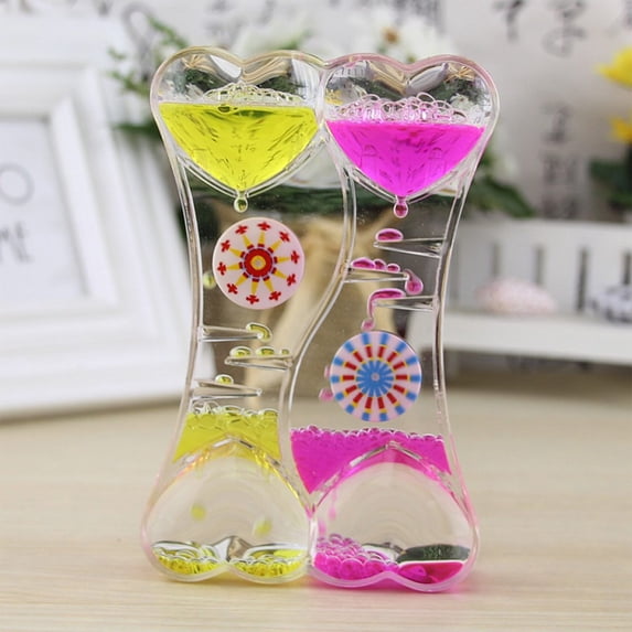 Double Heart Liquid Motion Bubbler Oil Drip Timer with Full Windmill Design, 3.4 oz Plastic Visual Sensory Desk Toy for Stress Relief and Home Office Decor.