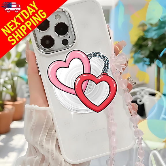 Double Heart MagSafe Phone Grip Kawaii Heart-Shaped Phone Holder with Chain, Cute Phone Magnetic, Fun Valentine's Day Gift for Couples