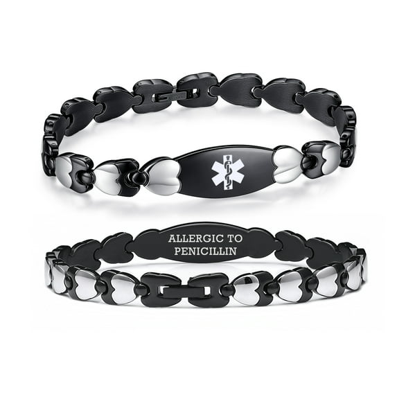 Double Heart Medical alert Bracelet for Women 7 1/2 inches Black Stainless steel Medical alert bracelets for allergy to penicillin