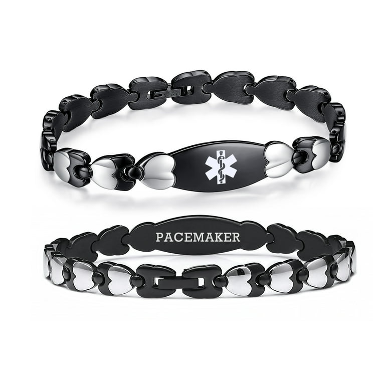 Double Heart Medical alert Bracelet for Women 1/2 inches Black