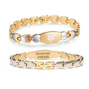 Double Heart Medical alert Bracelet for Women 7 1/2 inches Gold Stainless steel Medical alert bracelets for Addisons Disease