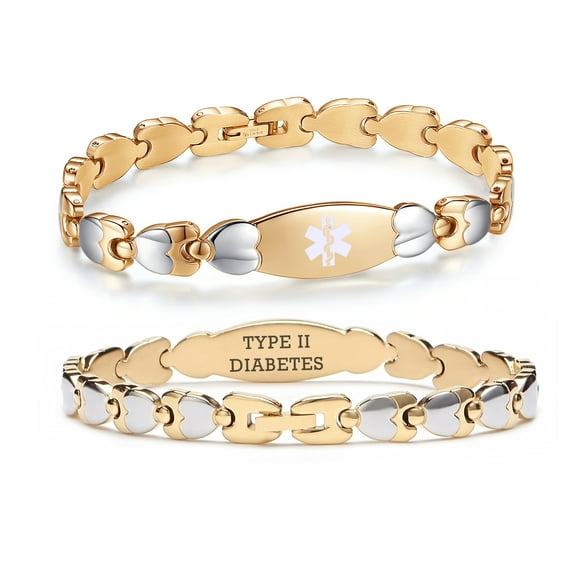Linnalove Double Heart Medical Alert Bracelet for Women, 7.5 Inches, Gold Stainless Steel, Diabetic Type 2