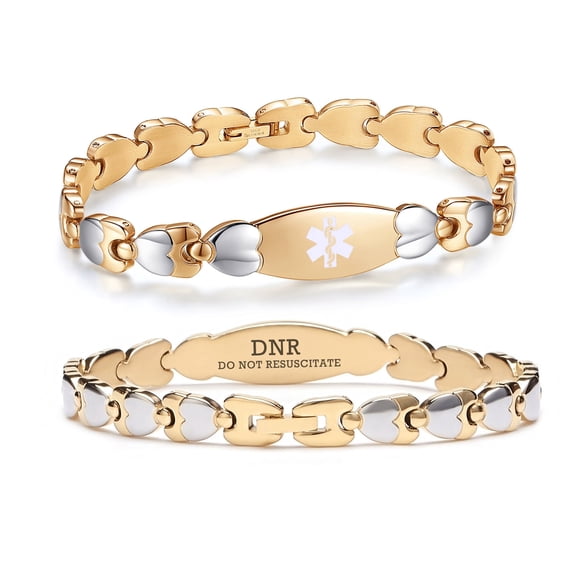 Double Heart Medical alert Bracelet for Women 7 1/2 inches Gold Stainless steel Medical alert bracelets for do not resuscitate