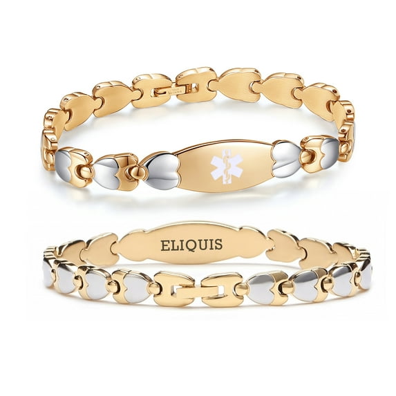 Double Heart Medical alert Bracelet for Women 7 1/2 inches Gold Stainless steel Medical alert bracelets for eliquis