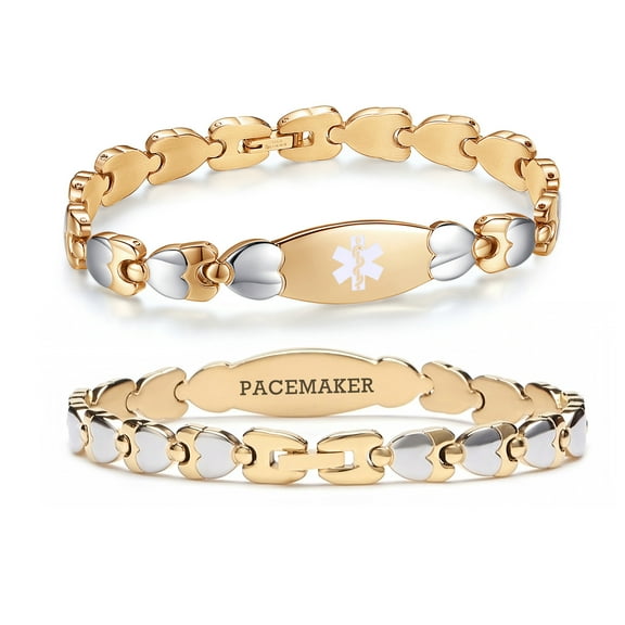 Double Heart Medical alert Bracelet for Women 7 1/2 inches Gold Stainless steel Medical alert bracelets for pacemaker