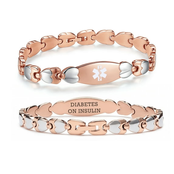 Double Heart Medical alert Bracelet for Women 7 1/2 inches Rose gold Medical alert bracelets for diabetes on insulin