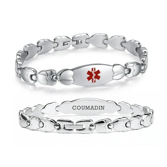 Double Heart Medical alert Bracelet for Women 7 1/2 inches Stainless steel Medical alert bracelets for coumadin