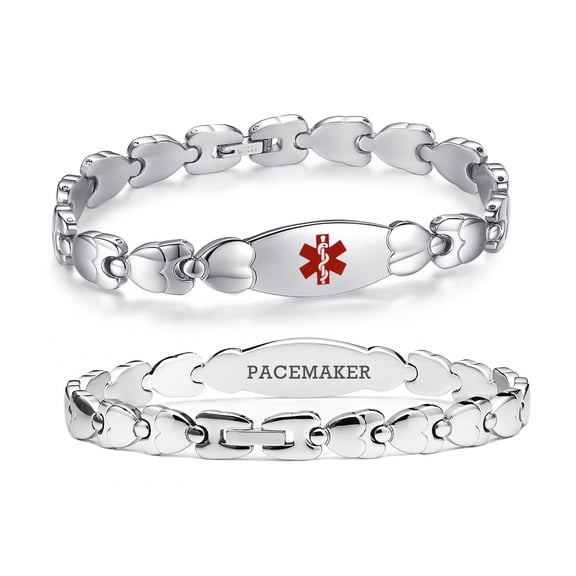 Double Heart Medical alert Bracelet for Women 7 1/2 inches Stainless steel Medical alert bracelets for pacemaker