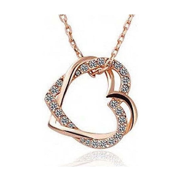 Double Heart Necklace Crystal Rhinestone Chain Pendant - Golden