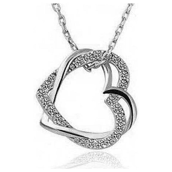 Double Heart Necklace Crystal Rhinestone Chain Pendant - Silver