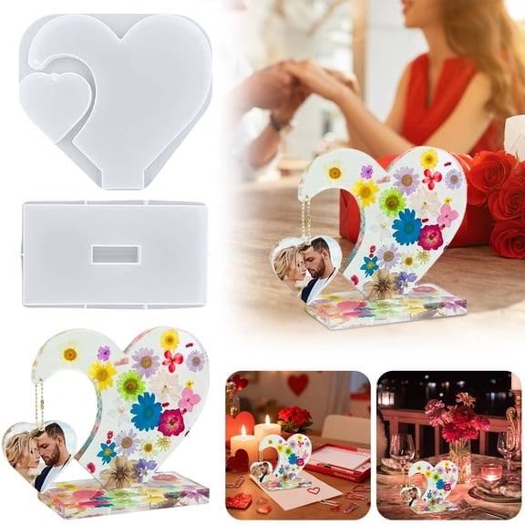Double Heart Photo Frame Silicone Mold DIY Creative Personalized Photo Wall Decor Mold for Resin Art Craft Making,Photo Frame Mold,1PC,Light Ashy