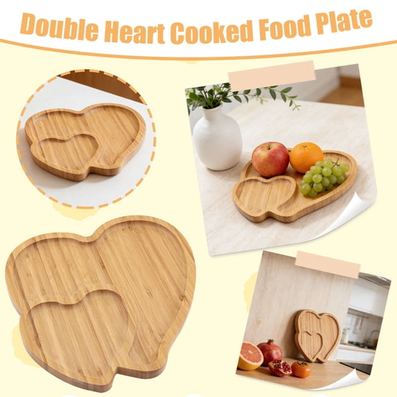Double Heart Shaped Bamboo Serving Tray Natural Wood Charcuterie Board for Meat and Cheese Platter for Parties Romantic Holiday Decor Supplies