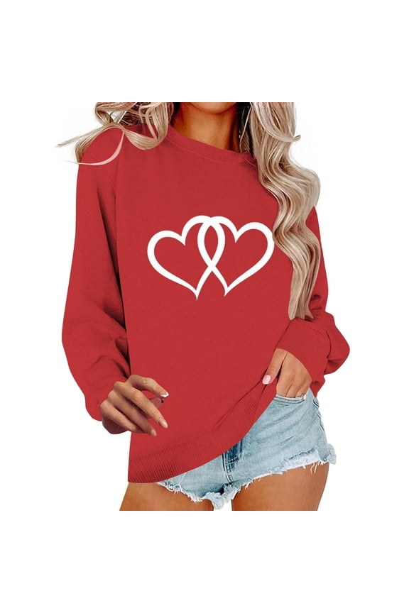 Double Heart Sweatshirt for Women Valentines Day Interlocking Graphic Pullover Long Sleeve Crewneck Tops Couple Shirt