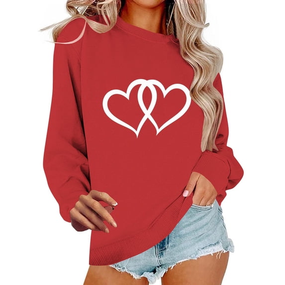 Double Heart Sweatshirt for Women Valentines Day Interlocking Graphic Pullover Long Sleeve Crewneck Tops Couple Shirt