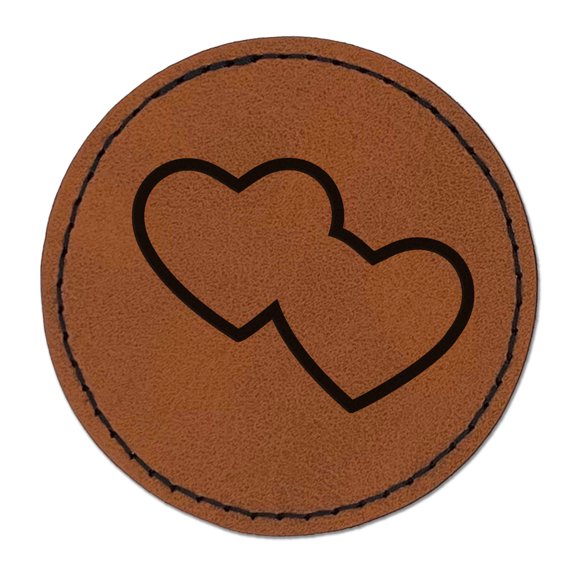 Double Heart Symbol Outline 2.5" Faux Leather Round Engraved Iron-On Patch - Brown