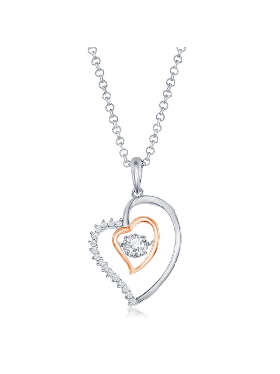 Double Heart with Center Dancing Simulated Diamond CZ Stone 18” Pendant Necklace Sterling Silver Valentines Jewelry for Women or Teens-Two-Tone