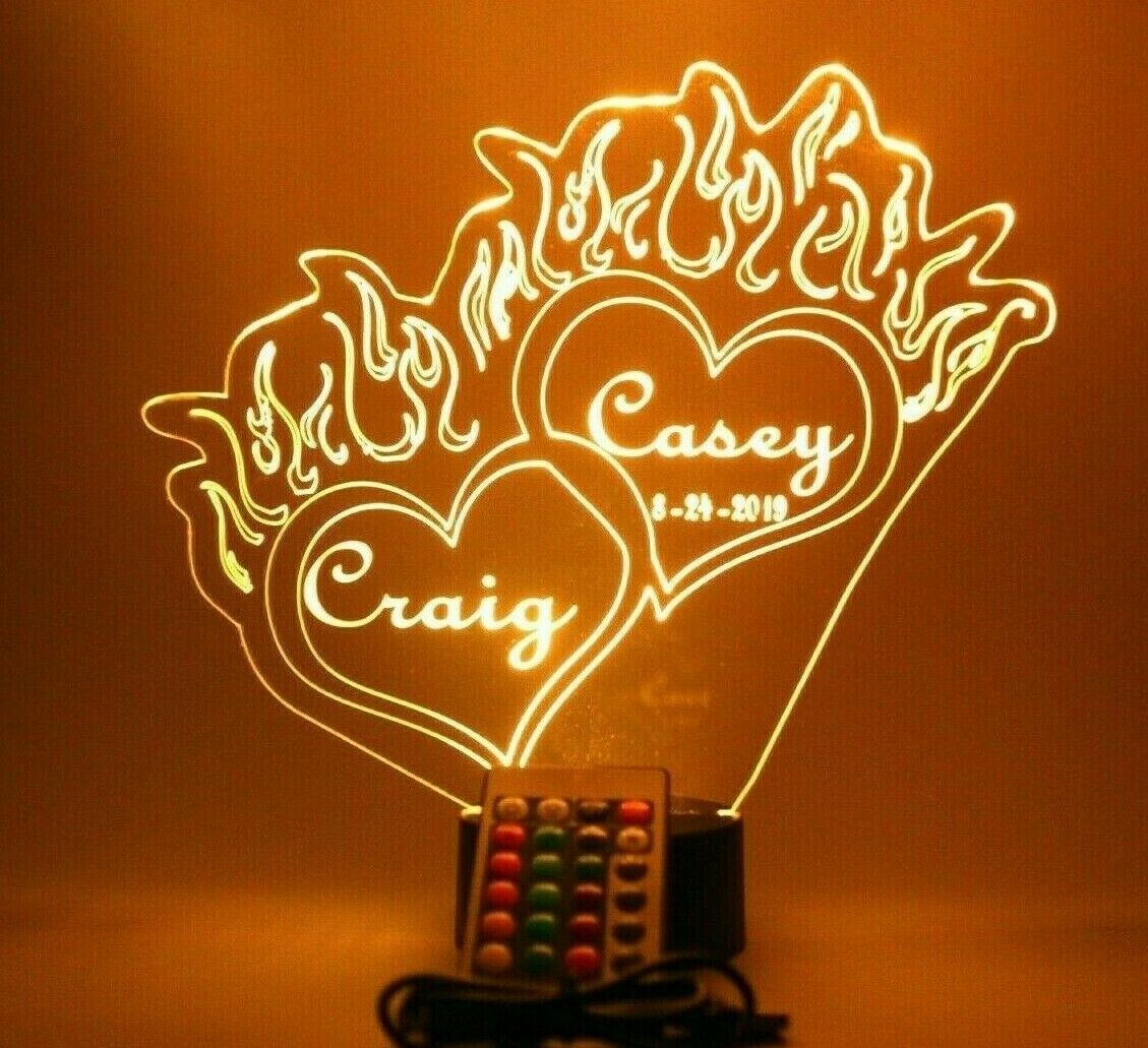 Double Hearts with Flames Night Light Up Desk Table Lamp LED ...