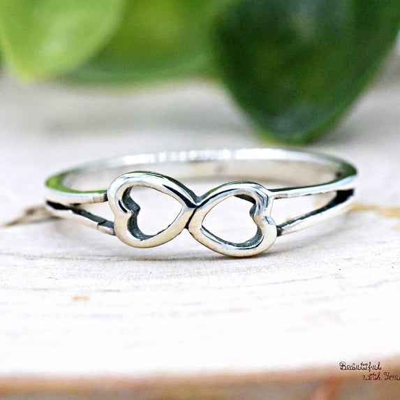Double Hearts Ring, Sideways Heart Ring Silver, Womens Heart Ring, Promise Ring for Her, Womens Silver Engagement Ring Band Ring Size-5.5