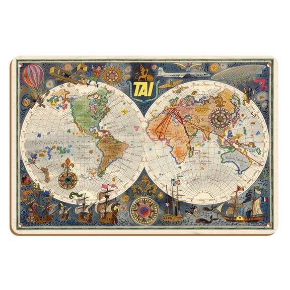 Double Hemisphere Route Map - TAI Airline - Vintage Airline Travel Poster by Luc-Marie Bayle c.1948 - 8 x 12 inch Vintage Wood Art Sign