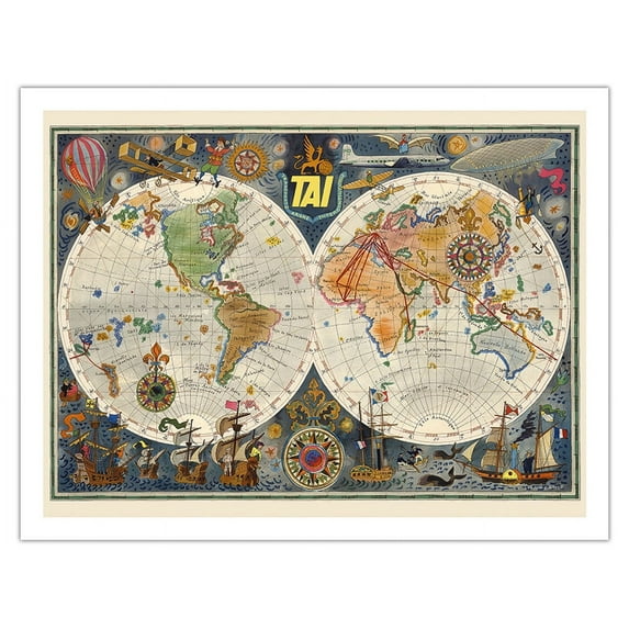 Double Hemisphere Route Map - TAI Airline - Vintage Airline Travel Poster by Luc-Marie Bayle c.1948 - Fine Art Matte Paper Print (Unframed) 20x26in