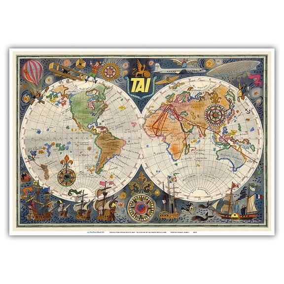 Double Hemisphere Route Map - TAI Airline - Vintage Airline Travel Poster by Luc-Marie Bayle c.1948 - Master Art Print 10in x 14in