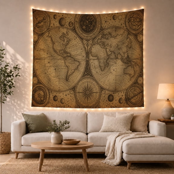 Double Hemisphere World Map With Celestial Charts, Nostalgic Vintage Style for Travel Lovers, Explorer Wall Art, Housewarming Gift Tapestry Wall Hanging for Study Room and Office