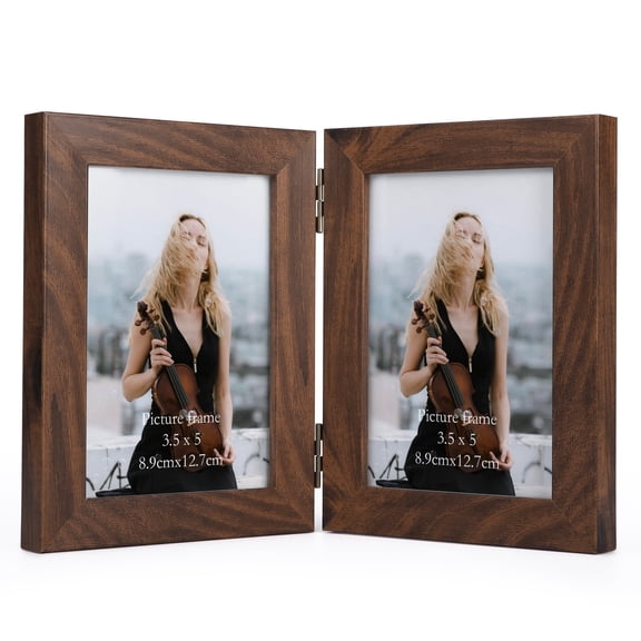 Double Hinged 3.5x5 Picture Frame, Rustic Two Opening 3.5 by 5 Photo Frame, Brown Folding Frame for Tabletop or Desk Standing