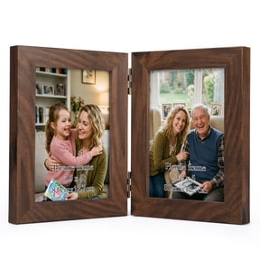 Double Hinged 3.5x5 Picture Frame, Rustic Two Opening 3.5 by 5 Photo Frame, Brown Folding Frame for Tabletop or Desk Standing