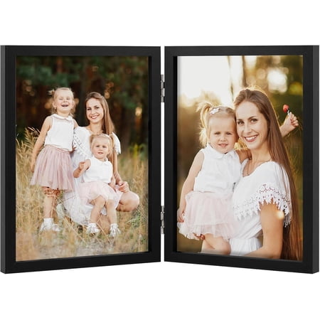 Double Hinged 5x7 Picture Frame, 2 5x7 Folding Photo Frame, Standing Vertically on Desktop or Tabletop, Home Decorative Christmas Holiday Gift, Black