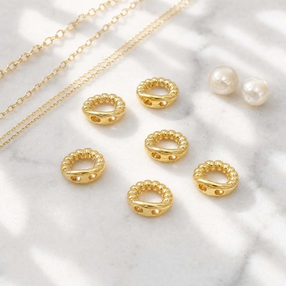 Double Hole Connector Rings End Beads Tips, Textured Twisted Alloy Jewelry Findings for Bracelet Necklace Making, 20 Pieces Gold Plated Linking Findings for Adjustable Cord Jewelry Craft