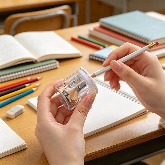 Double-Hole Pencil Sharpener, Portable Mini Round Sharpener with Metal Blades, Clear Body for Shavings Monitoring, Compact for Desk & Travel Use
