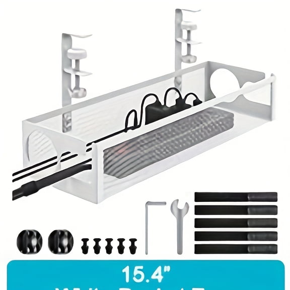 [Double Holes Design] Under Desk Cable Management Tray, Dual Side Slots Design for Easy Cable Access, No Drill Metal Mesh Cable Organizer Box, Adjustable Cord Hider with Screws & Clamp