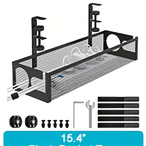 [Double Holes Design] Under Desk Cable Management Tray, Dual Side Slots Design for Easy Cable Access, No Drill Metal Mesh Cable Organizer Box, Adjustable Cord Hider with Screws & Clamp