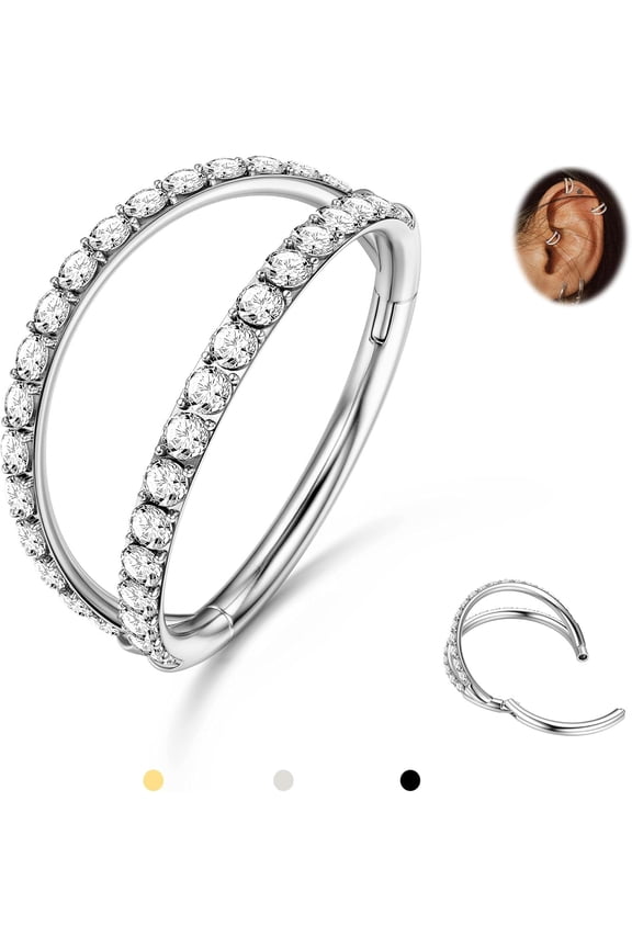 Double Hoop Nose Ring - G23 Titanium Septum Rings 16G CZ Nose Piercings Jewelry Conch Helix Daith Rook Tragus Cartilage Earring Hinged Nostril Piercing Gold/Silver