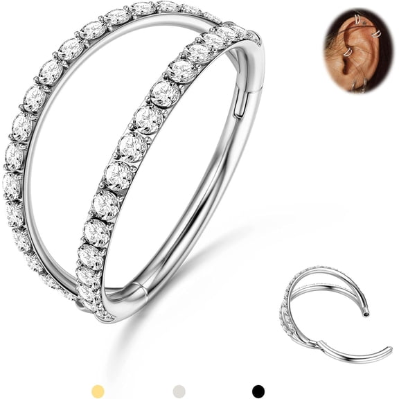 Double Hoop Nose Ring - G23 Titanium Septum Rings 16G CZ Nose Piercings Jewelry Conch Helix Daith Rook Tragus Cartilage Earring Hinged Nostril Piercing Gold/Silver