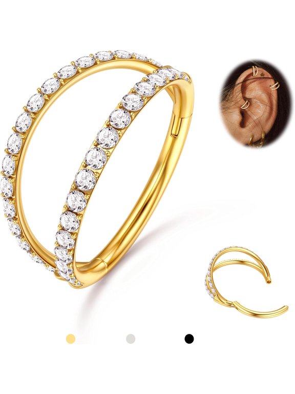 Double Hoop Nose Ring - G23 Titanium Septum Rings 16G CZ Nose Piercings Jewelry Conch Helix Daith Rook Tragus Cartilage Earring Hinged Nostril Piercing Gold/Silver