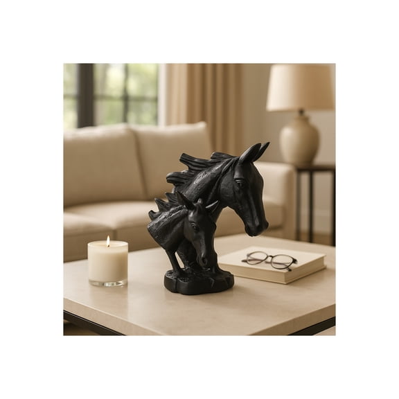 Double Horse Head Sculpture for Home or Living Room Decor - Equestrian Statue for Bathroom, Office, and Entryway Decor - Decorative Ornaments for Shelf or Coffee Table Decor - 10", Black