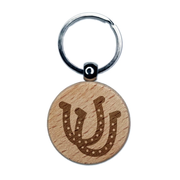 Double Horseshoe Lucky Round Keychain Charm Tag - Engraved Wood