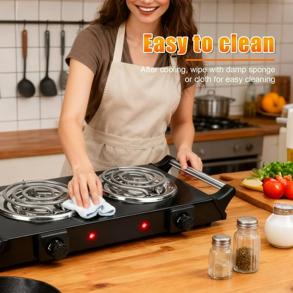 Double Hot Plate, 2000W Portable Countertop Burner & Electric Stove, 5-Level Temp, Portable Handle, Cast Iron Double Burner Cooktop for Home/RV/Camping (Black)