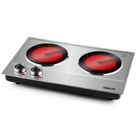 Double Hot Plate, Coklai 1800W Portable Ceramic, Dual Infrared Cooktop with Independent Controls, Stainless Steel & Glass Electric Burner, 2026 Version 24-month warranty